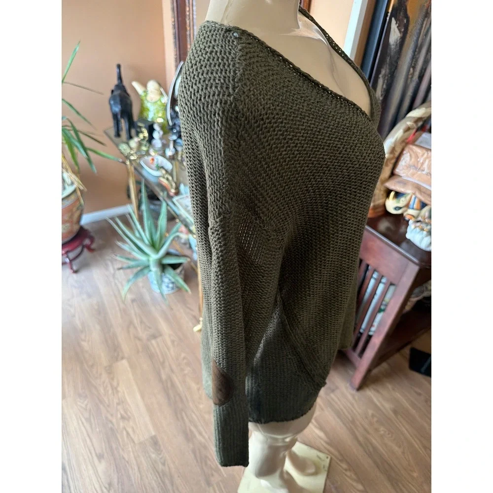 Olive Green Deep V-Neck Loose Knit Sweater‎ with Quilted Elbow Patches Pullover